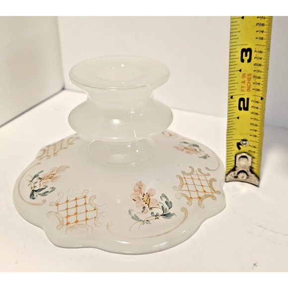 Vintage Frosted Glass Candlestick Holder Resting Dish Painted Flowers Scallop - Picture 5 of 6